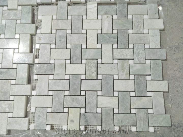 Ming Green Marble W/White Dots Basketweave Mosaic Tile