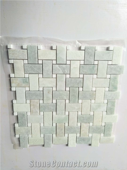 Ming Green Marble W/White Dots Basketweave Mosaic Tile