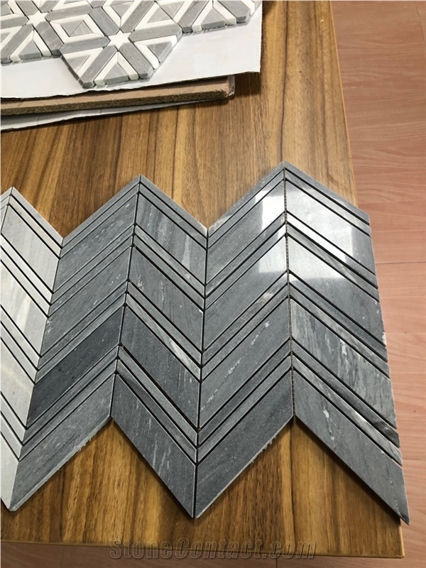 Grey And White Wooden Marble Chevron Shape Mosaic Tile