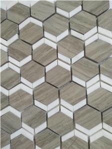 Wood Grain W/Thassos White Marble Hexagon Mosaic Tile