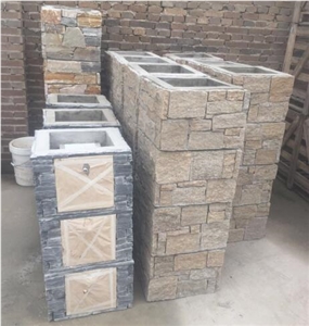 Natural Rusty Slate Stone Decoration Gate Columns, Veneer Pillars