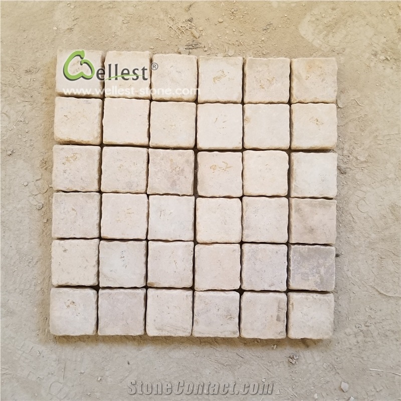 China Beige Limestone Mesh Cobblestone Pavers