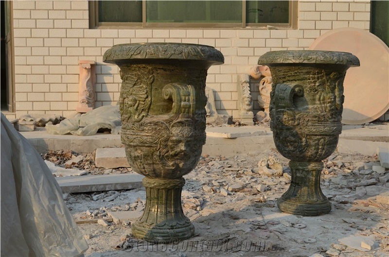 Green Marble Carved Urn Flowerpot Planter