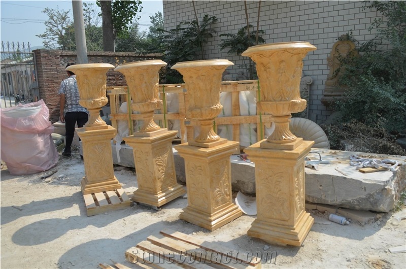 Yellow Marble Carved Flowerpot,Graden Planter