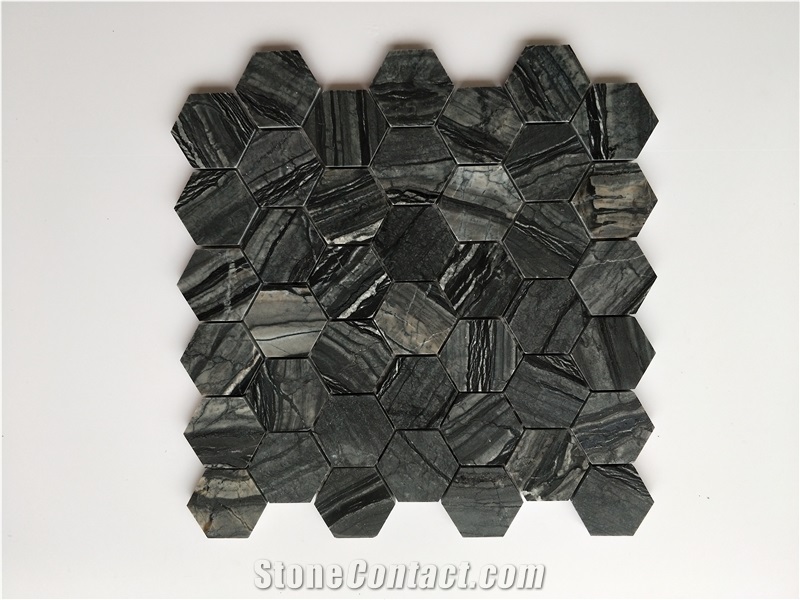 Ancient Wood Grain Black Perlino Hexagon Mosaic
