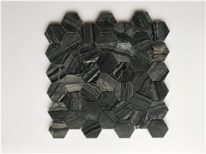 Ancient Wood Grain Black Perlino Hexagon Mosaic