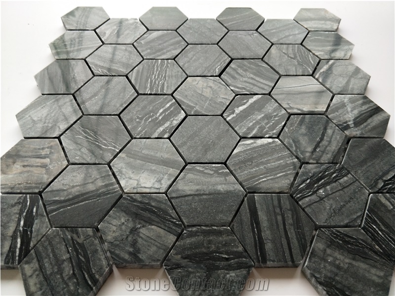 Ancient Wood Grain Black Perlino Hexagon Mosaic