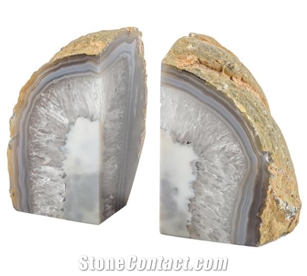 Semiprecious Polished Grey Agate Geode Bookends