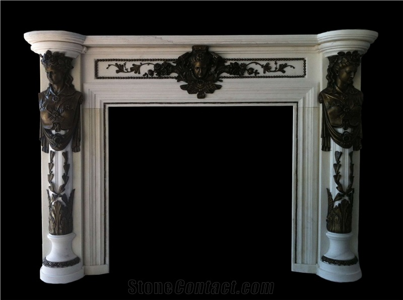 White Marble Fireplace Mantels with Bronze Insert