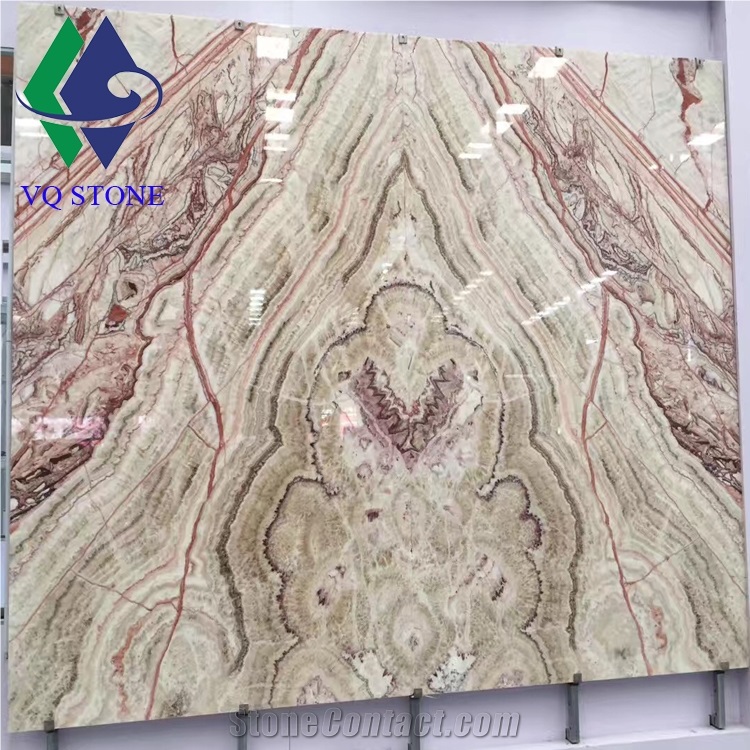 Cheap Bookmatch Beige Pink Rainbow Onyx Slab Price