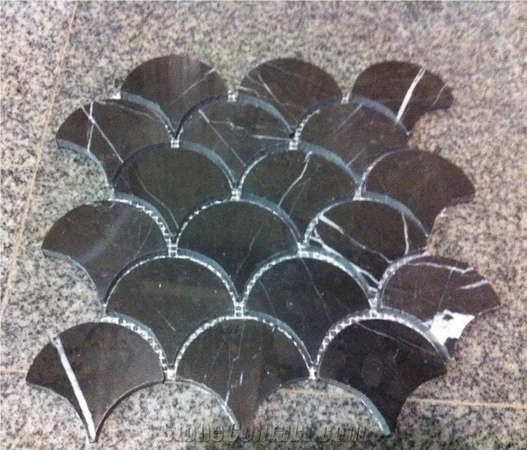 Pietra Grey Marble Fan Shaped Fish Scale Mosaic