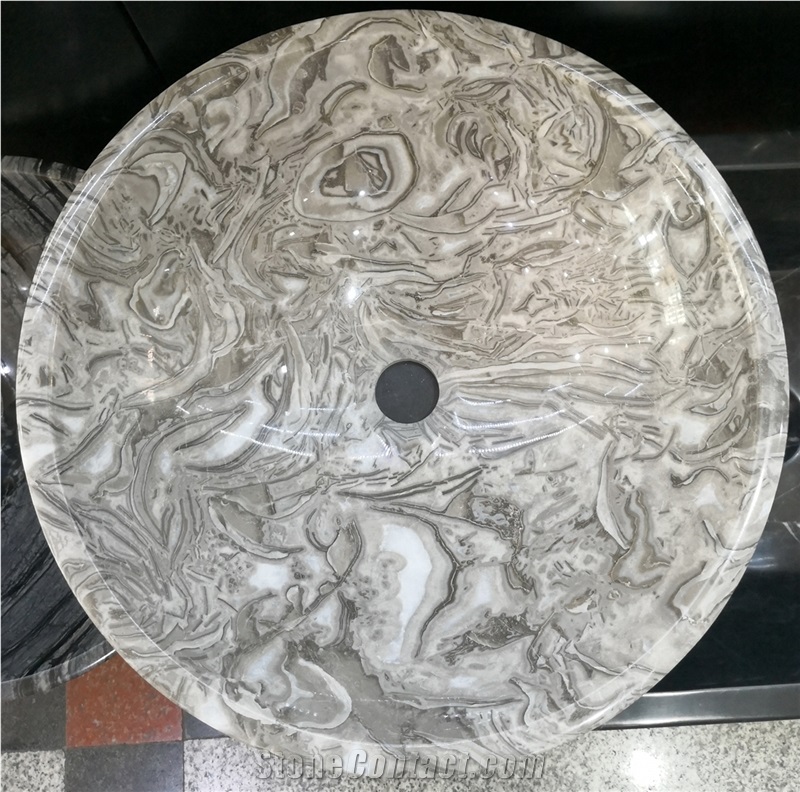 Round Silver Portoro Marble Bathroom Vessel Sinks