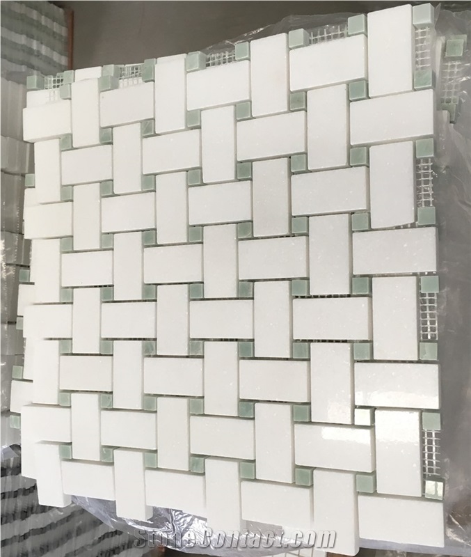 White Mixed Green Basketweave Marble Mosaic Tile