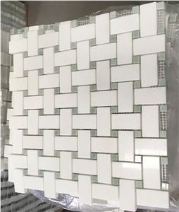 White Mixed Green Basketweave Marble Mosaic Tile