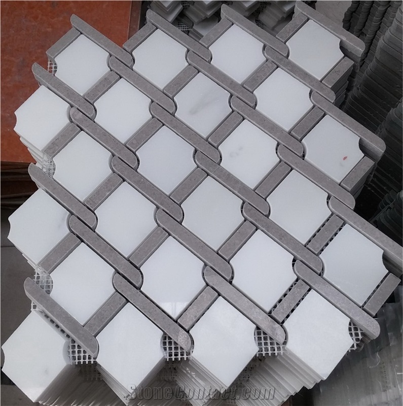 White Mixed Green Basketweave Marble Mosaic Tile