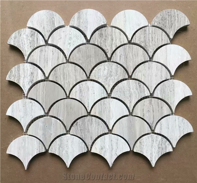 White Wooden Marble Fan Shaped Fish Scale Mosaic