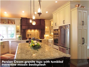 Persian Cream Granite Tops with Tumbled Travertine Mosaic Backsplash