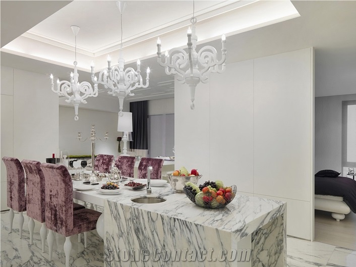 White Arabescato Dinner Table Bath Top Table Top