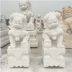 White Marble Chinese Foo Dog Sculpture