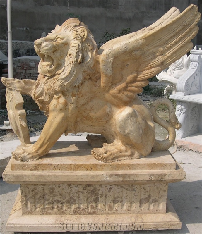 Beige Travertine Lion Statues, Animal Sculptures