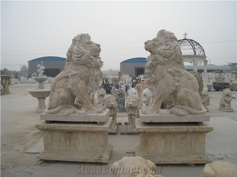 Beige Travertine Lion Statues, Animal Sculptures