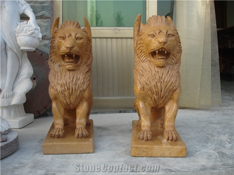 Beige Travertine Lion Statues, Animal Sculptures
