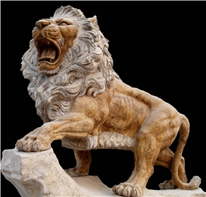 Beige Travertine Lion Statues, Animal Sculptures