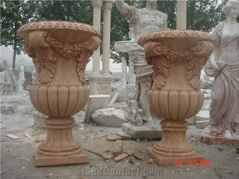 Imported Orange Red Marble Garden Urns Flower Pot