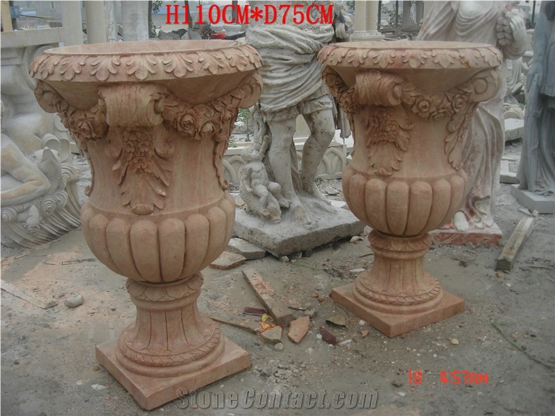 Imported Orange Red Marble Garden Urns Flower Pot