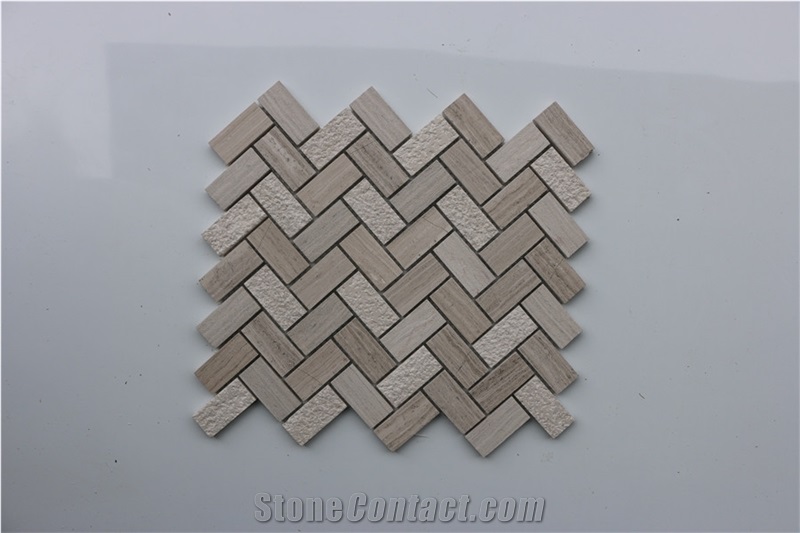 Light Wooden Herringbone Hammered Marble Mosaics