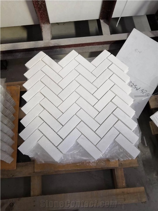 Natural Thassos White Marble Herringbone Mosaic