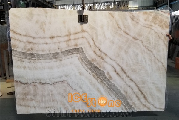 Beige Onyx, Bookmatch, Wooden White Ice Onyx Slab