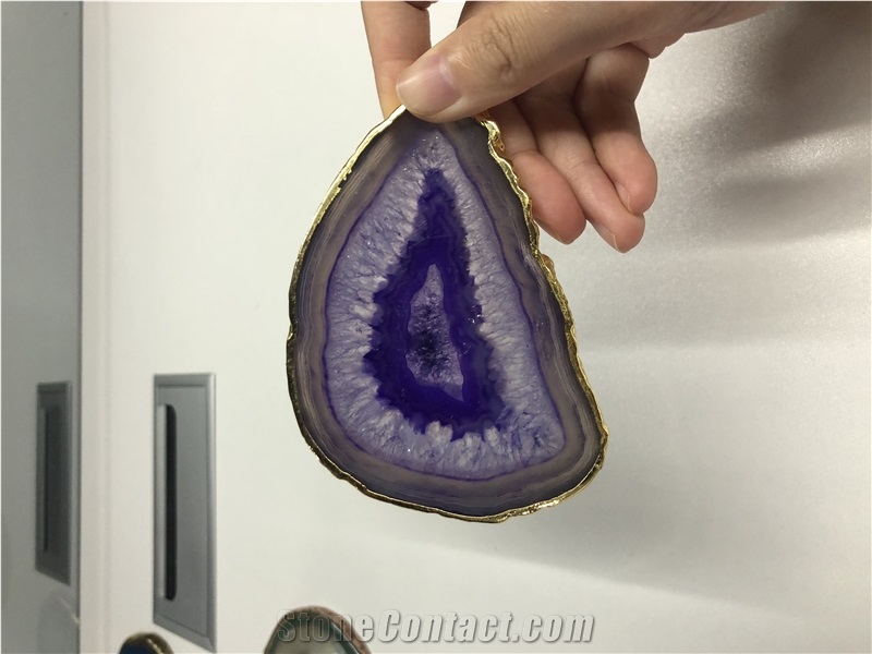 Purple Agate Coaster, Cup Mat with Gold Edge