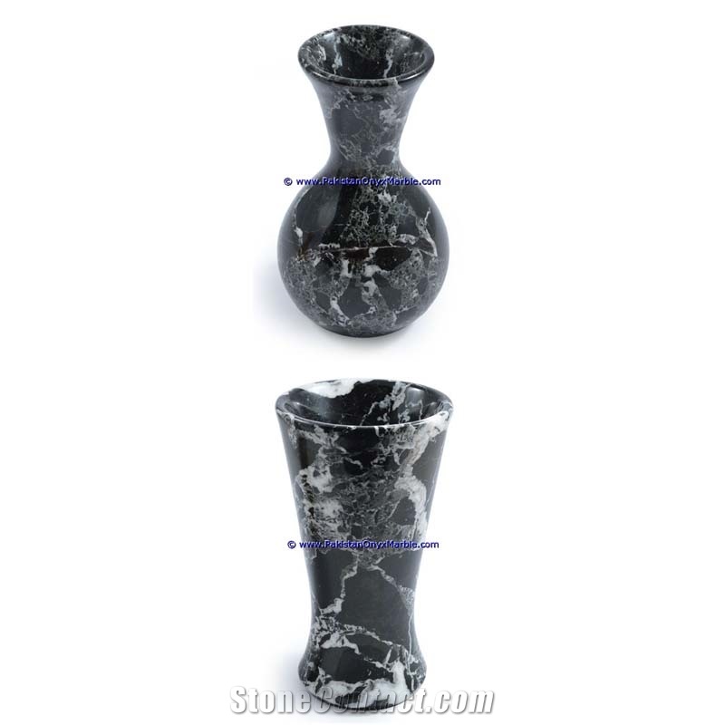 Black Zebra Marble Planters Handcarved Decorated