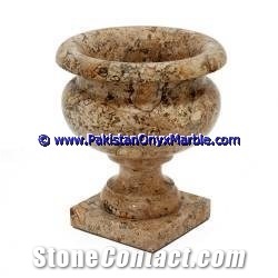 Marble Planters Handcarved Decorated Fossil Corel