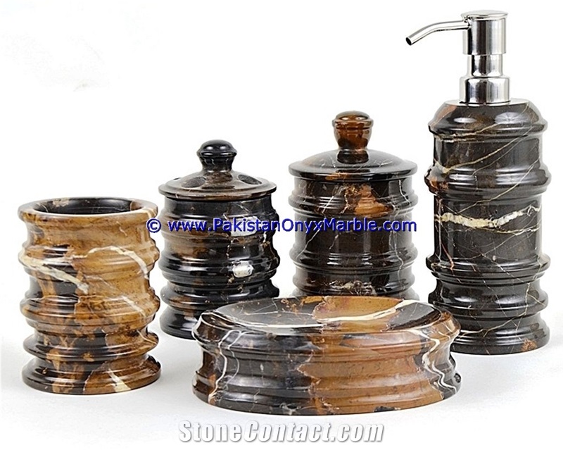 Michaelangelo Marble Bathroom Accessories Set Black and Gold Bathroom Sets