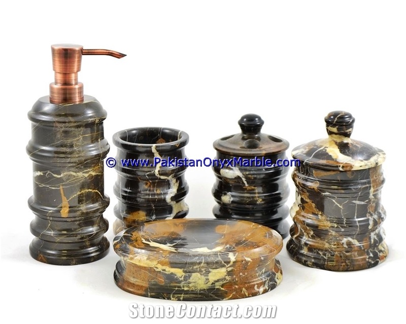 Michaelangelo Marble Bathroom Accessories Set Black and Gold Bathroom Sets