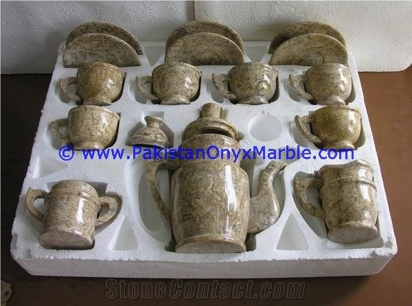 Pakistan Fossil Marble Tea Set Sugar Milk Pot Saucer Tea