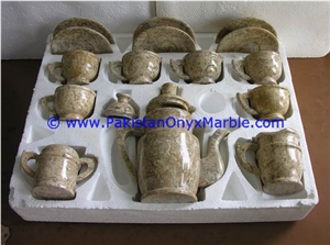 Pakistan Fossil Marble Tea Set Sugar Milk Pot Saucer Tea