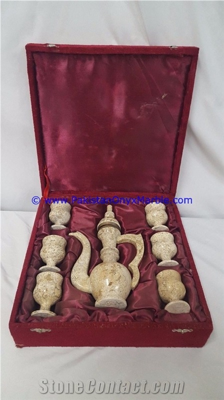 Pakistan Fossil Marble Tea Set Sugar Milk Pot Saucer Tea