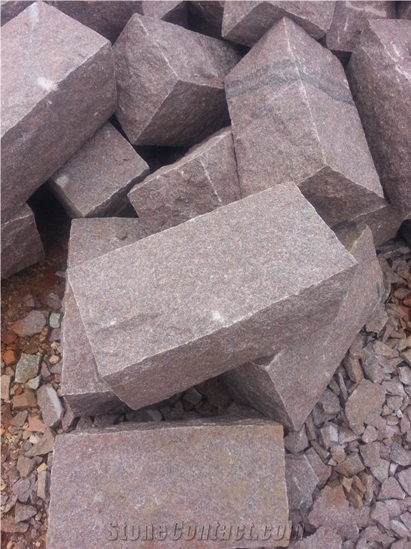 Manga Red Granite Cobbles, Red Granite Cube Stones