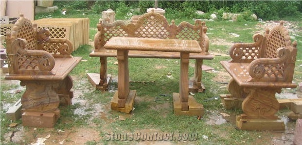 Jodhpur Pink Sandstone Garden Bench and Table