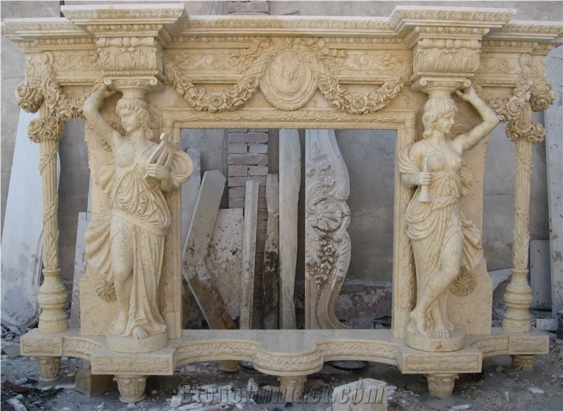 Beige Limestone Fireplace Mantel Sculpture Mantel