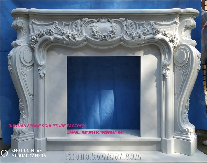 White Marble Fireplace with Bronze Sculpture