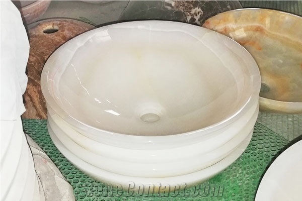 Iran White Onyx Round Vessel Basin for Bath Sinks