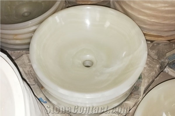 Iran White Onyx Round Vessel Basin for Bath Sinks