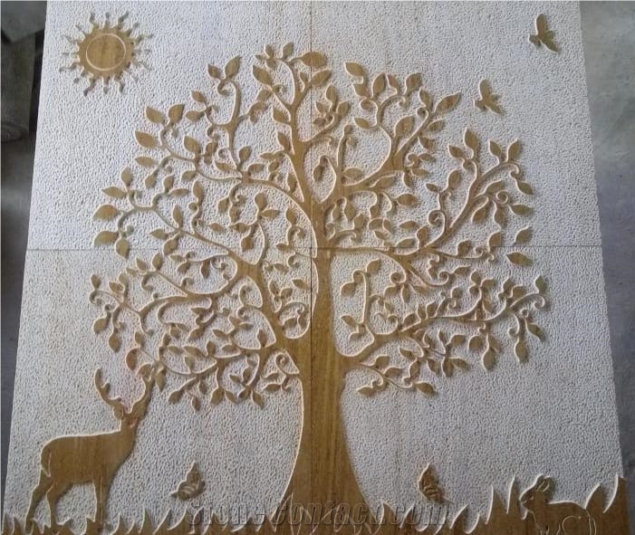 Teak Wood Sandstone Cnc Carved Wall Panels