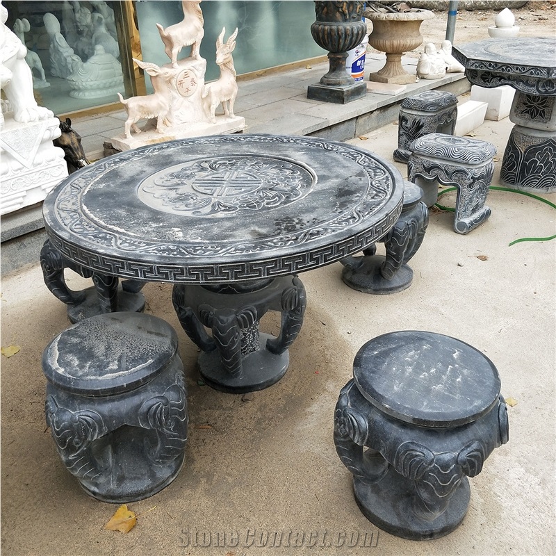 Black Carved Polished Marble Bench Table Set
