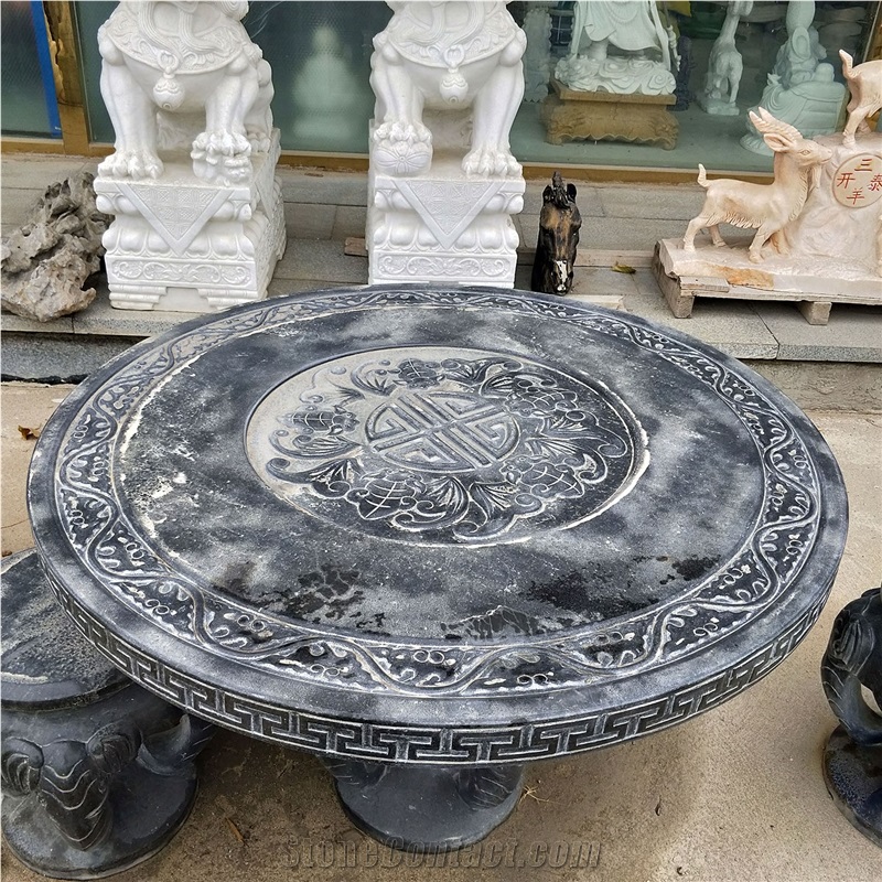 Black Carved Polished Marble Bench Table Set