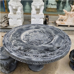 Black Carved Polished Marble Bench Table Set